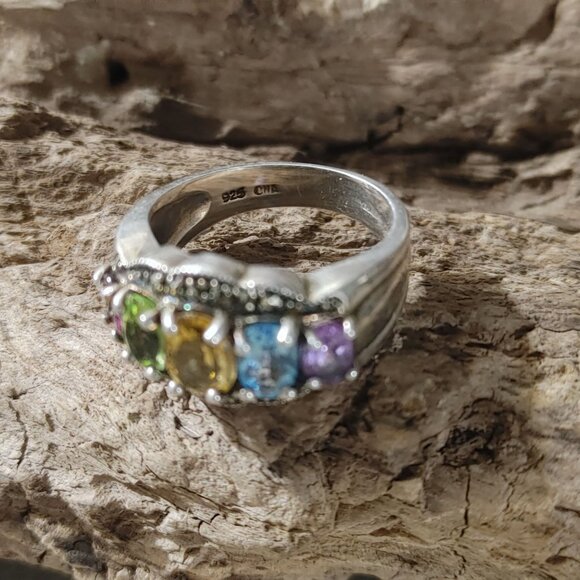 Vintage Marcasite Sterling Silver 925 Ring Prong Multi Colored Gemstones Stamped - Picture 6 of 11